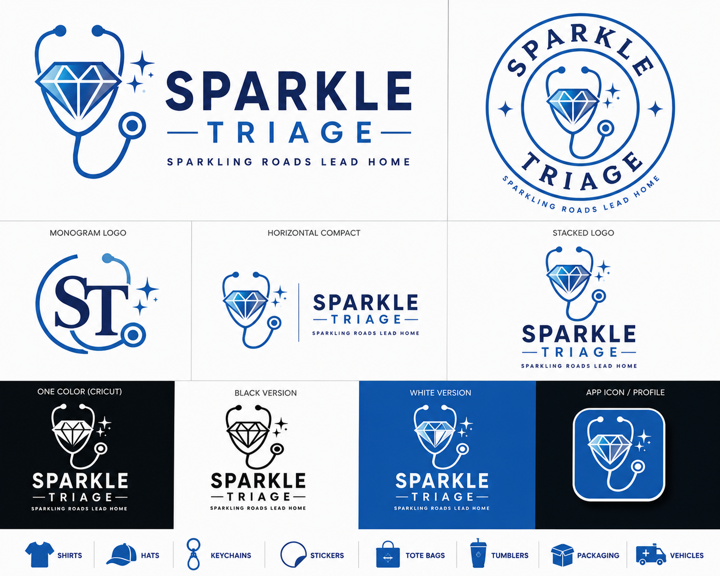 Sparkle Triage — Sparkling Roads Lead Home. Diamond and stethoscope logo.